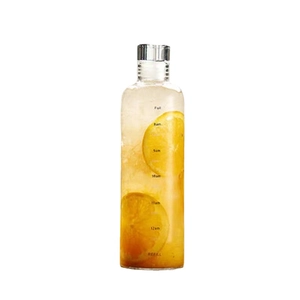 Transparent glass water bottle with time markers, silver cap and lemon slices inside