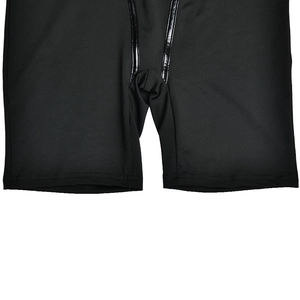 Detail view of black athletic bodysuit featuring glossy leather stripes and durable stitching