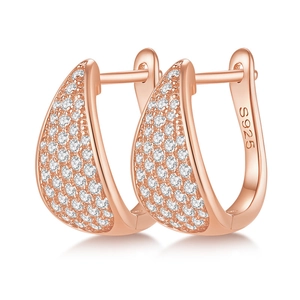 Close-up of rose gold S925 sterling silver earrings with white zircon pavé setting