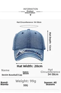 Tabella taglie e dimensioni per cappello da baseball in denim lavato con specifiche
