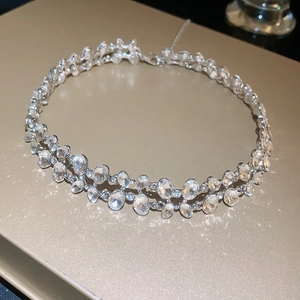 Double-row oval crystal choker necklace in silver finish with adjustable chain link