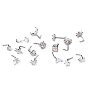 Silver L-shaped stainless steel nose stud set with cubic zirconia stars and moon shapes