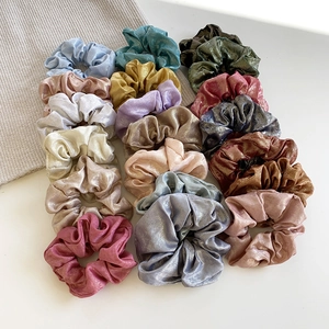 French retro shiny silk scrunchies set in multi-color assorted pleated fabric