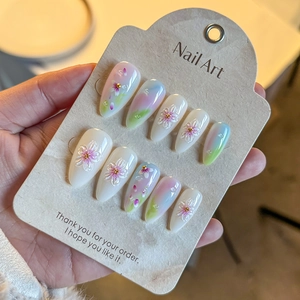 Almond Shape 3D Relief Floral Press On Nails Gradient Translucent Reusable Artificial False Nails For Women Nail Art Decoration