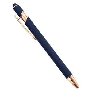 Stylo bille en aluminium bleu marine avec détails or rose et embout tactile noir