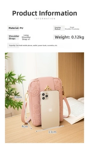 Detail of pink PU crossbody bag with embossed floral pattern and crown metal ornament