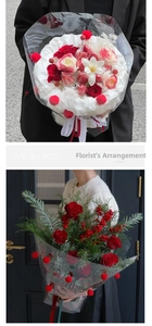 Detail of Christmas strawberry bouquet with red roses and thick OPP gift wrapping film
