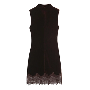 Robe courte en velours marron sans manches avec broderie dentelle et zip au dos