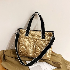 Women Quilted Shoulder Bag Waterproof Padded Tote Large Capacity Metallic Shiny Handbag With Contrast Straps