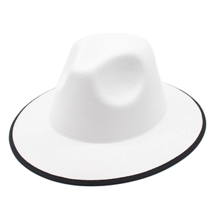 Classic white wool felt fedora with black contrast binding edge in a minimalist jazz style