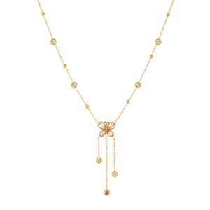 Collier en acier doré avec pendentif papillon, longues pampilles et cristaux brillants