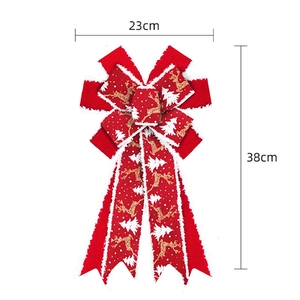 Red Christmas bow with white fur trim, golden reindeer and snowflakes, 23x38cm size
