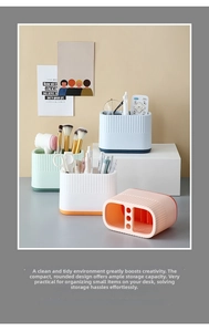 Detailed view of multi-compartment stationery organizers in various two-tone color palettes