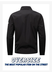 Rear view of black oversized stand collar jacket featuring white arrow logo on sleeve