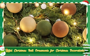 Detailed close-up of velvet flocked Christmas balls in earth tones on pine tree branches