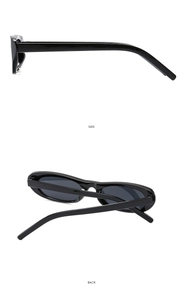 Side and back views of black vintage small frame sunglasses with dark UV lenses