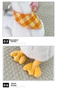 Detail view of the soft white plush goose bag showing its plaid scarf and yellow webbed feet