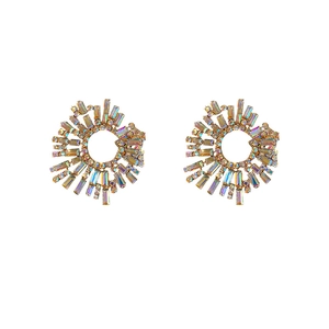 Exaggerated iridescent sunflower drop earrings with golden metal and crystal rhinestones