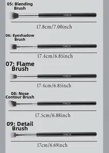 Detailed view of 5 professional makeup brushes with silver ferrules and black handles