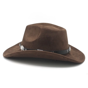 Detail of dark brown suede cowboy hat featuring vintage silver conchos and leather band