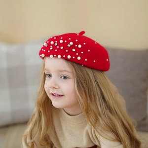 Kids Girls Wool Felt Beret Hat With Artificial Pearls And Rhinestones French Vintage Princess Artist Cap For Toddlers