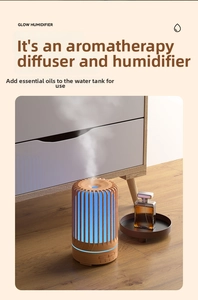 Detail view of birdcage wood grain aroma diffuser with blue light and mist output