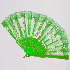 Detail of bright green lace folding fan with gold rose patterns and plastic ribs