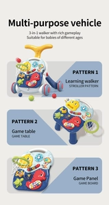 Detail showing the 3-in-1 functions of this blue baby walker and activity table