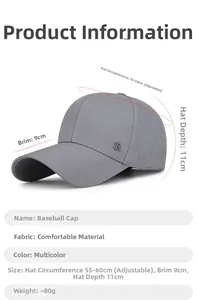 Detail view of grey baseball cap showing 9cm brim and adjustable 55-60cm size measurements