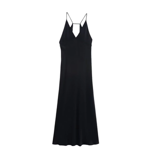 Robe Maxi en Satin Noir Élégante pour Femmes Col en V Profond Fines Bretelles Longue Robe de Soirée Été Sans Manches Dos Nu