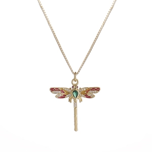 Elegant gold dragonfly necklace with colorful cubic zirconia and green pear-cut gemstone