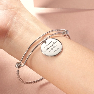 Adjustable silver twisted stainless steel bracelet with engraved Bible verse charm