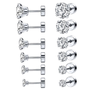 316L stainless steel stud earrings set with round cubic zirconia in 6 sizes