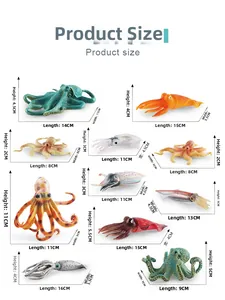 Size guide for realistic ocean toy set including octopus and squid model dimensions