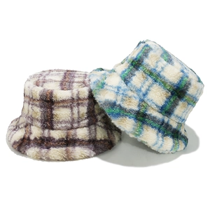 Karierter Fischerhut Warm Kunstlammwolle Plüsch Winter Winddicht Retro Casual Mode Accessoires Für Damen