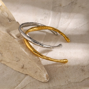 Minimalist irregular textured open cuff bracelets in gold and silver stainless steel finish