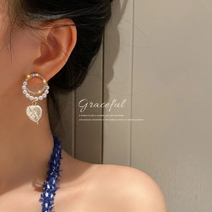 Elegant gold earrings with rhinestone hoop and heart-shaped baroque pearl pendant for women