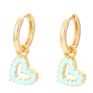 Detail of light blue enamel heart earrings with elegant gold-tone metal plating