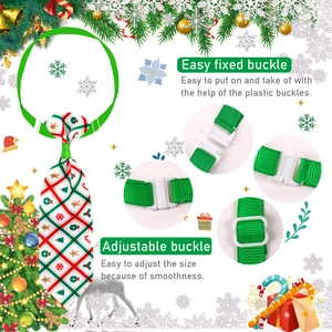 Detail of Christmas pet tie showing adjustable green neck strap and plastic quick buckle