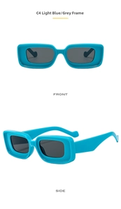 Front and side view of thick light blue rectangle sunglasses with grey lenses