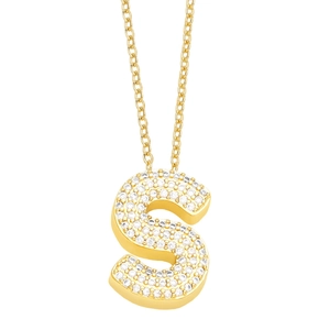 Macro shot of gold-plated letter S pendant with sparkling pave cubic zirconia crystals