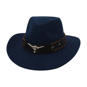 Chapeau de cowboy en laine bleu marine avec bandeau en cuir à tête de taureau argentée