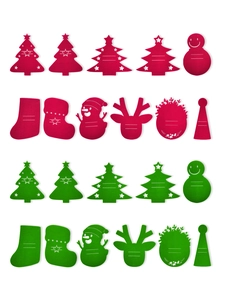 Detailed view of red and green felt Christmas cutlery holders in various festive shapes