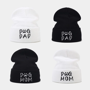 Knitted Beanie Hat Acrylic Embroidery Dog Mom Dad Warm Winter Outdoor Soft Cuffed Cap For Unisex Pet Lovers