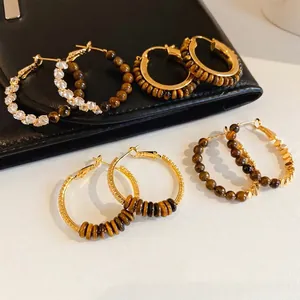 Vintage Tiger's Eye Hoop Earrings 18K Gold Plated Copper Rhinestone With 925 Sterling Silver Earring Post For Women