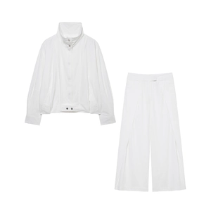 Women Stand Collar Bomber Jacket And Wide Leg Pants Streetwear Casual Solid Color Outfits Polyester