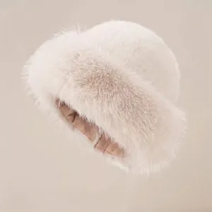 Thickened white faux fur bucket hat for women with plush Mongolian style design