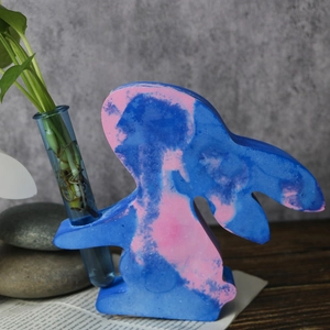 Modern bunny hydroponic vase with marble texture base and blue glass test tube planter