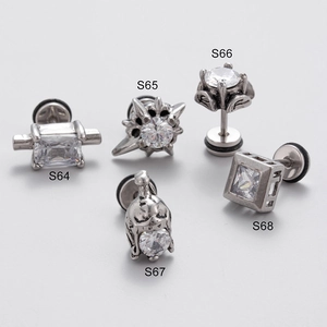 Gothic Punk Men's Stainless Steel Stud Earrings With Zircon Vintage Industrial Style Flat Back Piercing Jewelry