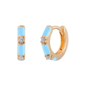 Golden bamboo hoop earrings with sky blue enamel and sparkling cubic zirconia stones